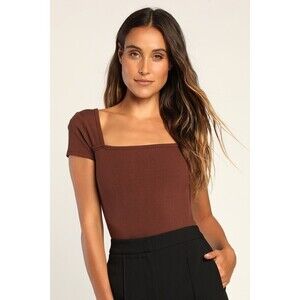 Lulus Always Confident Brown Ribbed Square Neck Short Sleeve Bodysuit - Size S